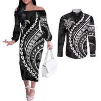 Polynesian Pride Couples Matching Off The Shoulder Long Sleeve Dress and Long Sleeve Button Shirts Turtle Hibiscus Luxury Style - Black LT7 Black - Polynesian Pride