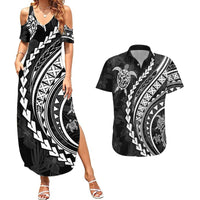 Polynesian Pride Couples Matching Summer Maxi Dress and Hawaiian Shirt Turtle Hibiscus Luxury Style - Black LT7 Black - Polynesian Pride