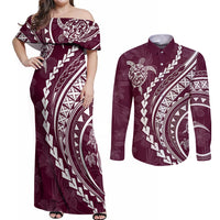 Polynesian Pride Couples Matching Off Shoulder Maxi Dress and Long Sleeve Button Shirts Turtle Hibiscus Luxury Style - Champagne LT7 Champagne - Polynesian Pride