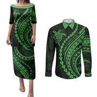 Polynesian Pride Couples Matching Puletasi Dress and Long Sleeve Button Shirts Turtle Hibiscus Luxury Style - Green LT7 Green - Polynesian Pride