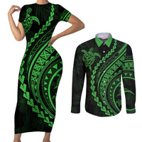 Polynesian Pride Couples Matching Short Sleeve Bodycon Dress and Long Sleeve Button Shirts Turtle Hibiscus Luxury Style - Green LT7 Green - Polynesian Pride