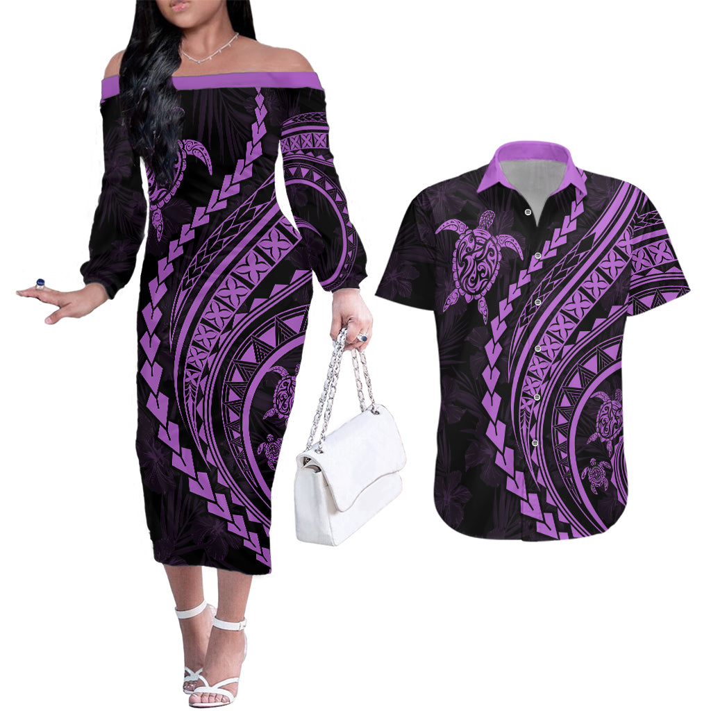 Polynesian Pride Couples Matching Off The Shoulder Long Sleeve Dress and Hawaiian Shirt Turtle Hibiscus Luxury Style - Lilac LT7 Lilac - Polynesian Pride