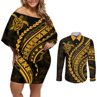 Polynesian Pride Couples Matching Off Shoulder Short Dress and Long Sleeve Button Shirts Turtle Hibiscus Luxury Style - Merigold LT7 Merigold - Polynesian Pride
