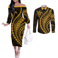 Polynesian Pride Couples Matching Off The Shoulder Long Sleeve Dress and Long Sleeve Button Shirts Turtle Hibiscus Luxury Style - Merigold LT7 Merigold - Polynesian Pride