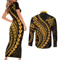 Polynesian Pride Couples Matching Short Sleeve Bodycon Dress and Long Sleeve Button Shirts Turtle Hibiscus Luxury Style - Merigold LT7 - Polynesian Pride