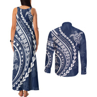 Polynesian Pride Couples Matching Tank Maxi Dress and Long Sleeve Button Shirts Turtle Hibiscus Luxury Style - Navy LT7 - Polynesian Pride