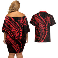 Polynesian Pride Couples Matching Off Shoulder Short Dress and Hawaiian Shirt Turtle Hibiscus Luxury Style - Rose LT7 - Polynesian Pride