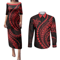 Polynesian Pride Couples Matching Puletasi Dress and Long Sleeve Button Shirts Turtle Hibiscus Luxury Style - Rose LT7 Rose - Polynesian Pride
