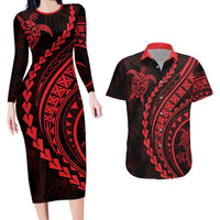 Polynesian Pride Couples Matching Long Sleeve Bodycon Dress and Hawaiian Shirt Turtle Hibiscus Luxury Style - Rose LT7
