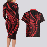 Polynesian Pride Couples Matching Long Sleeve Bodycon Dress and Hawaiian Shirt Turtle Hibiscus Luxury Style - Rose LT7