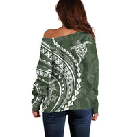 Polynesian Pride Off Shoulder Sweater Turtle Hibiscus Luxury Style - Sage LT7 - Polynesian Pride