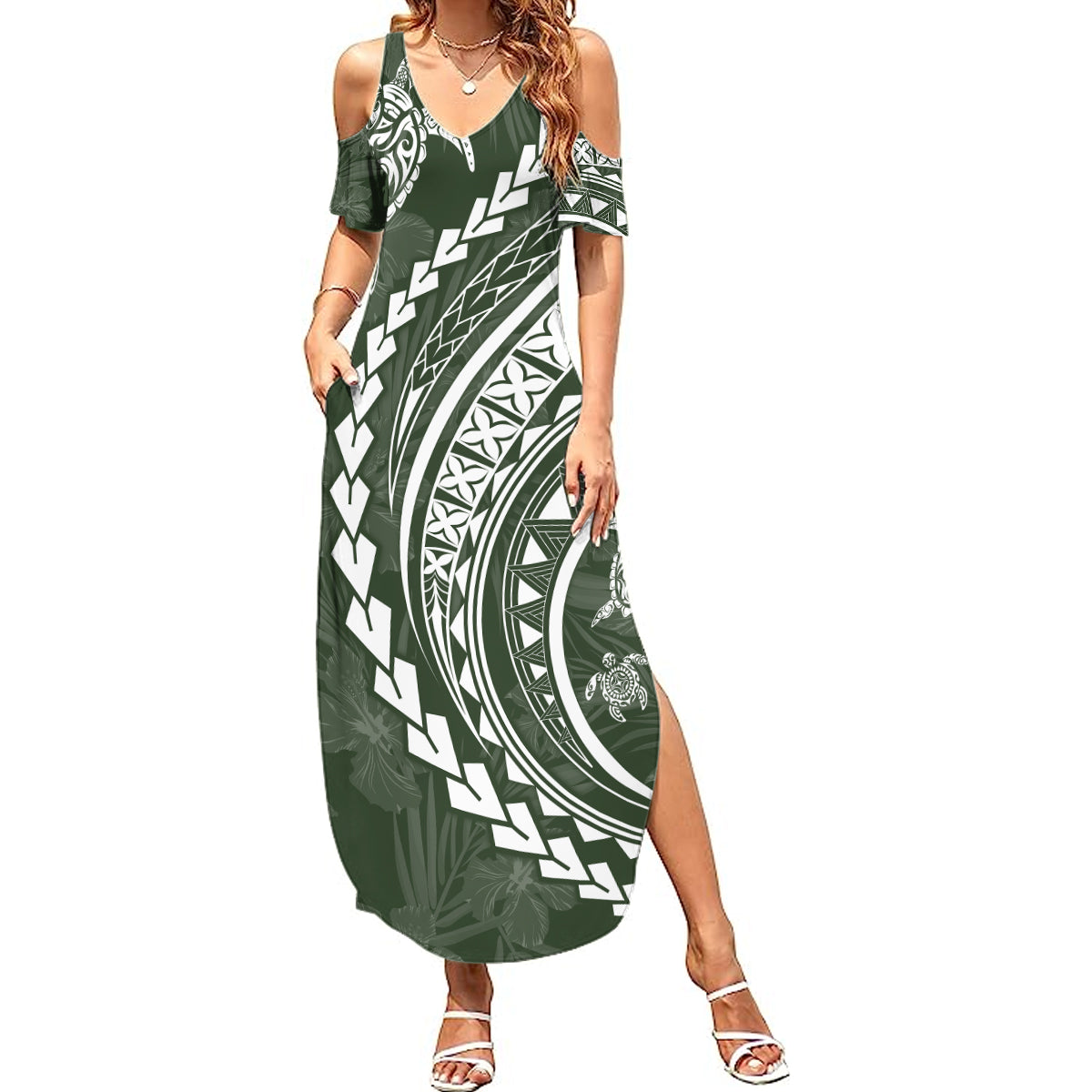 Polynesian Pride Summer Maxi Dress Turtle Hibiscus Luxury Style - Sage LT7 Women Sage - Polynesian Pride