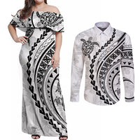Polynesian Pride Couples Matching Off Shoulder Maxi Dress and Long Sleeve Button Shirts Turtle Hibiscus Luxury Style - White LT7 White - Polynesian Pride