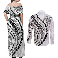 Polynesian Pride Couples Matching Off Shoulder Maxi Dress and Long Sleeve Button Shirts Turtle Hibiscus Luxury Style - White LT7 - Polynesian Pride