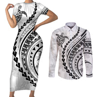 Polynesian Pride Couples Matching Short Sleeve Bodycon Dress and Long Sleeve Button Shirts Turtle Hibiscus Luxury Style - White LT7 White - Polynesian Pride