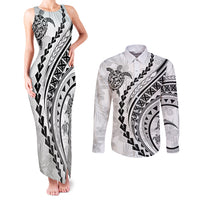 Polynesian Pride Couples Matching Tank Maxi Dress and Long Sleeve Button Shirts Turtle Hibiscus Luxury Style - White LT7 White - Polynesian Pride