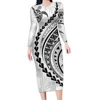 Polynesian Pride Long Sleeve Bodycon Dress Turtle Hibiscus Luxury Style - White LT7 Long Dress White - Polynesian Pride