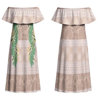 Hawai'i Paniolo Maile Twisted Lei Couples Matching Off Shoulder Maxi Dress and Hawaiian Shirt Almond Brown