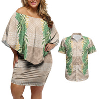 Hawai'i Paniolo Maile Twisted Lei Couples Matching Off Shoulder Short Dress and Hawaiian Shirt Almond Brown