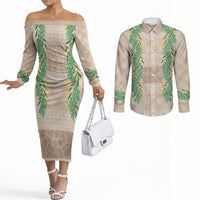 Hawai'i Paniolo Maile Twisted Lei Couples Matching Off The Shoulder Long Sleeve Dress and Long Sleeve Button Shirt Almond Brown