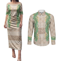Hawai'i Paniolo Maile Twisted Lei Couples Matching Puletasi and Long Sleeve Button Shirt Almond Brown