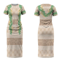 Hawai'i Paniolo Maile Twisted Lei Couples Matching Short Sleeve Bodycon Dress and Hawaiian Shirt Almond Brown