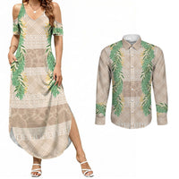 Hawai'i Paniolo Maile Twisted Lei Couples Matching Summer Maxi Dress and Long Sleeve Button Shirt Almond Brown