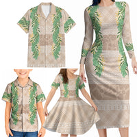 Hawai'i Paniolo Maile Twisted Lei Family Matching Long Sleeve Bodycon Dress and Hawaiian Shirt Almond Brown