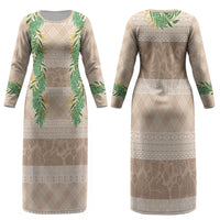 Hawai'i Paniolo Maile Twisted Lei Family Matching Long Sleeve Bodycon Dress and Hawaiian Shirt Almond Brown