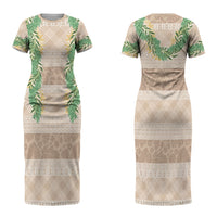 Hawai'i Paniolo Maile Twisted Lei Family Matching Short Sleeve Bodycon Dress and Hawaiian Shirt Almond Brown