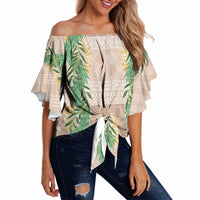 Hawai'i Paniolo Maile Twisted Lei Off Shoulder Wrap Waist Top Almond Brown