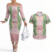 Hawai'i Paniolo Maile Twisted Lei Couples Matching Off The Shoulder Long Sleeve Dress and Hawaiian Shirt Dusty Rose