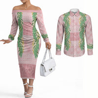 Hawai'i Paniolo Maile Twisted Lei Couples Matching Off The Shoulder Long Sleeve Dress and Long Sleeve Button Shirt Dusty Rose