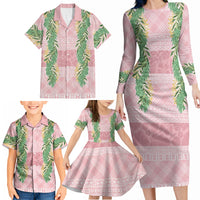 Hawai'i Paniolo Maile Twisted Lei Family Matching Long Sleeve Bodycon Dress and Hawaiian Shirt Dusty Rose