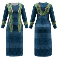 Hawai'i Paniolo Maile Twisted Lei Couples Matching Long Sleeve Bodycon Dress and Hawaiian Shirt Cobalt Blue