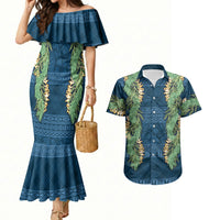 Hawai'i Paniolo Maile Twisted Lei Couples Matching Mermaid Dress and Hawaiian Shirt Cobalt Blue