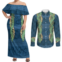 Hawai'i Paniolo Maile Twisted Lei Couples Matching Off Shoulder Maxi Dress and Long Sleeve Button Shirt Cobalt Blue