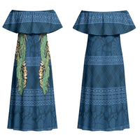 Hawai'i Paniolo Maile Twisted Lei Couples Matching Off Shoulder Maxi Dress and Long Sleeve Button Shirt Cobalt Blue
