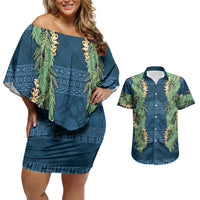 Hawai'i Paniolo Maile Twisted Lei Couples Matching Off Shoulder Short Dress and Hawaiian Shirt Cobalt Blue