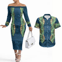 Hawai'i Paniolo Maile Twisted Lei Couples Matching Off The Shoulder Long Sleeve Dress and Hawaiian Shirt Cobalt Blue