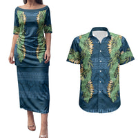 Hawai'i Paniolo Maile Twisted Lei Couples Matching Puletasi and Hawaiian Shirt Cobalt Blue