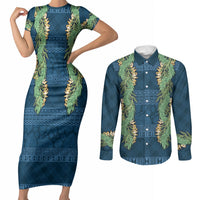Hawai'i Paniolo Maile Twisted Lei Couples Matching Short Sleeve Bodycon Dress and Long Sleeve Button Shirt Cobalt Blue