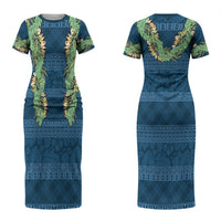 Hawai'i Paniolo Maile Twisted Lei Couples Matching Short Sleeve Bodycon Dress and Long Sleeve Button Shirt Cobalt Blue