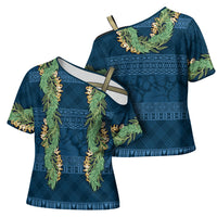 Hawai'i Paniolo Maile Twisted Lei Cross Shoulder Shirt Cobalt Blue LT7 - Polynesian Pride