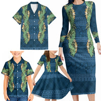 Hawai'i Paniolo Maile Twisted Lei Family Matching Long Sleeve Bodycon Dress and Hawaiian Shirt Cobalt Blue
