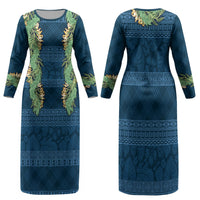 Hawai'i Paniolo Maile Twisted Lei Family Matching Long Sleeve Bodycon Dress and Hawaiian Shirt Cobalt Blue