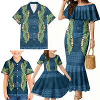 Hawai'i Paniolo Maile Twisted Lei Family Matching Mermaid Dress and Hawaiian Shirt Cobalt Blue