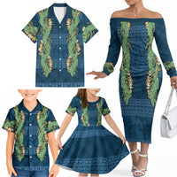 Hawai'i Paniolo Maile Twisted Lei Family Matching Off The Shoulder Long Sleeve Dress and Hawaiian Shirt Cobalt Blue