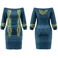 Hawai'i Paniolo Maile Twisted Lei Family Matching Off The Shoulder Long Sleeve Dress and Hawaiian Shirt Cobalt Blue