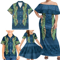 Hawai'i Paniolo Maile Twisted Lei Family Matching Off Shoulder Maxi Dress and Hawaiian Shirt Cobalt Blue